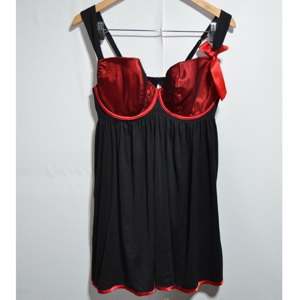 Cacique Black & Red Lace & Rhinestone Babydoll Nightgown 18/20